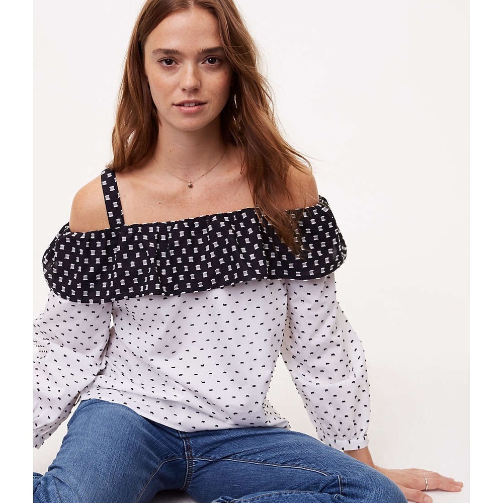 Loft Flowy Top Blouse Off  Shoulder Geo Print Black White NWT Ladies Small
